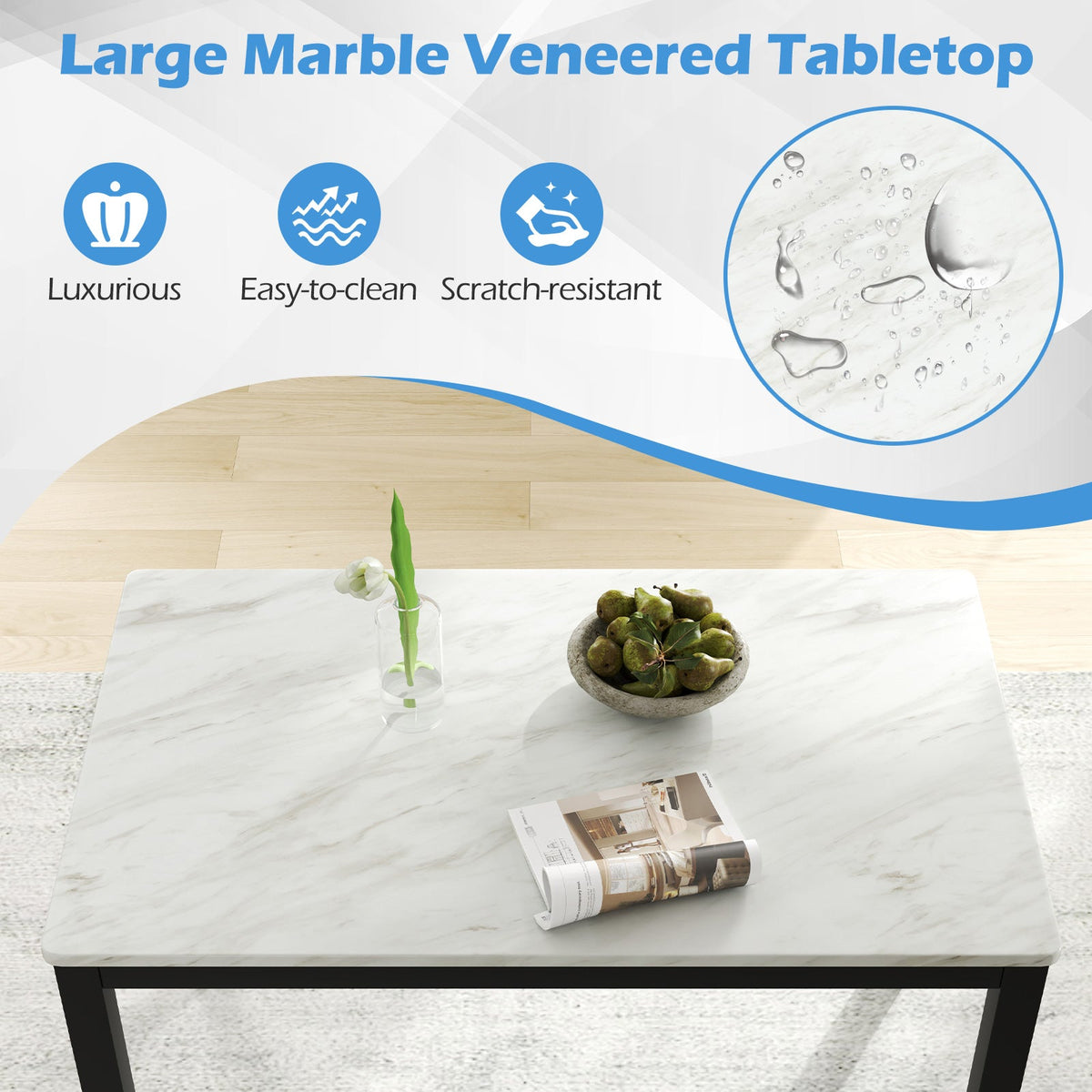 45 Inch Rectangular Mid Century Dining Table with Faux Marble Tabletop for 4 People-Black & White