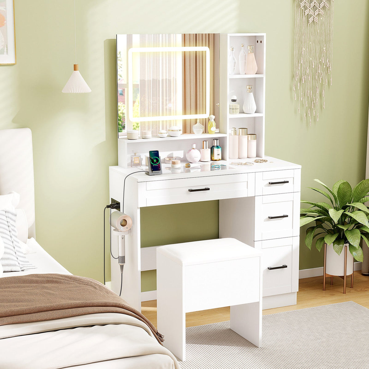 Dressing Desk with 3 Color Lighting and Hair Dryer Stand-White