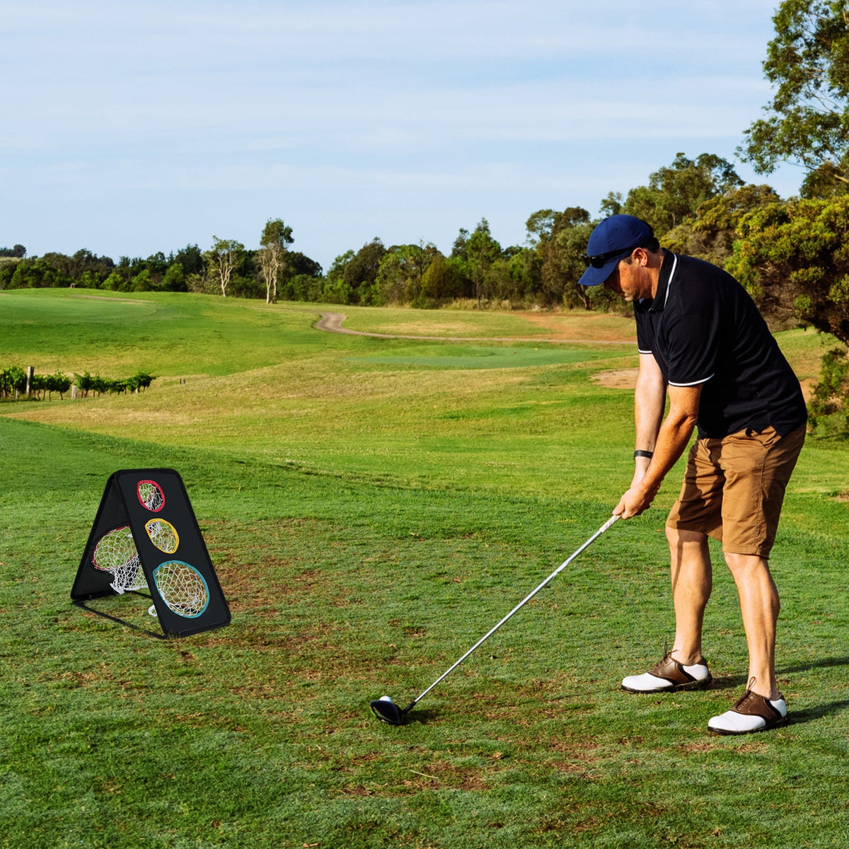 Dual-Sided Golf Chipping Net Triple Target Training System with 5 Target Holes