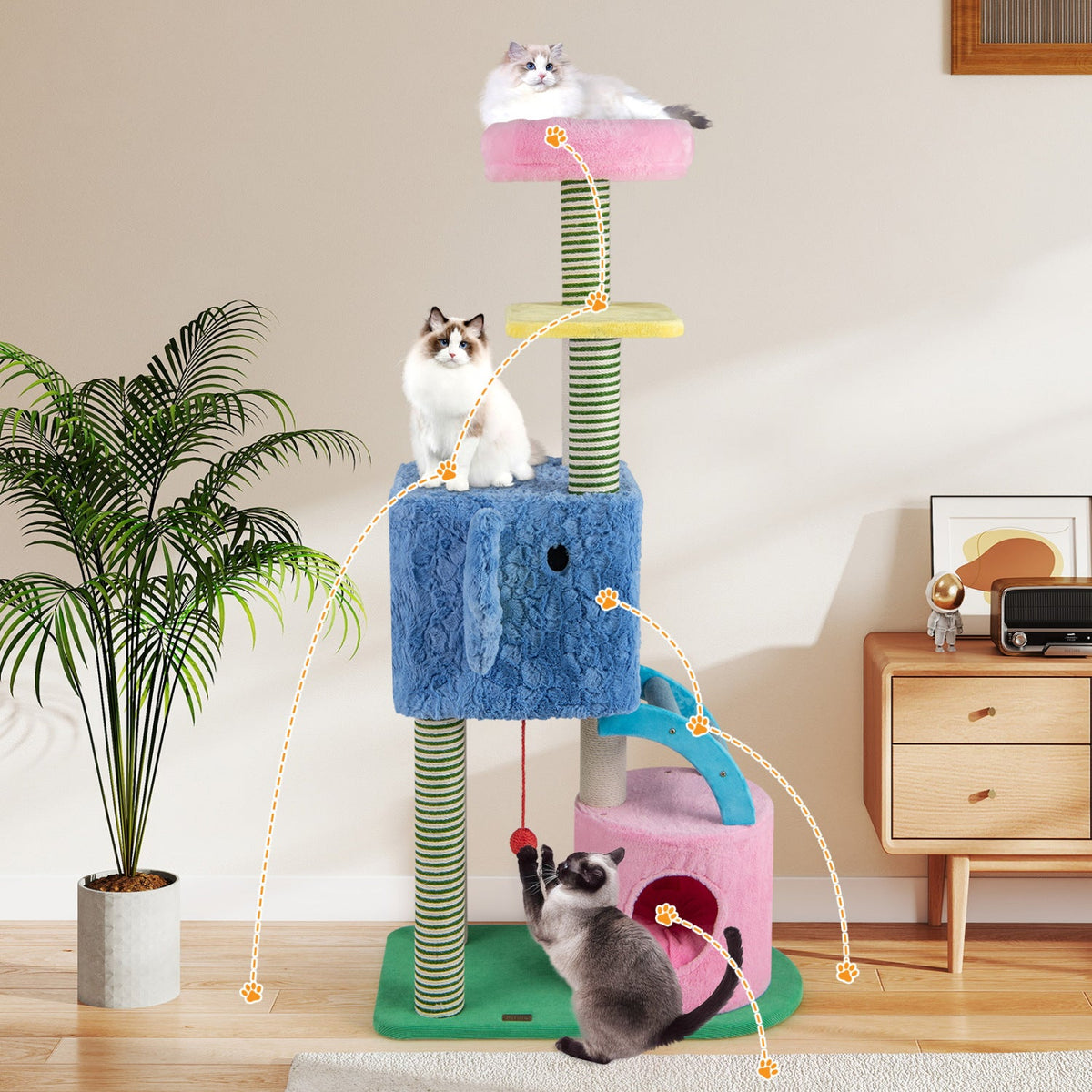 Elephant Themed Cat Tree for Adult Cats Multi-level Kitty Tower with 2 Condos DirectDeals
