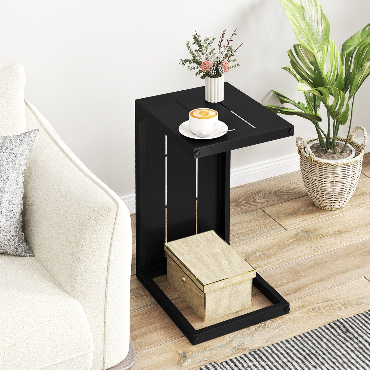 Set of 2 C-Shaped End Table with Adjustable Foot Pads for Indoors Outdoors-Black