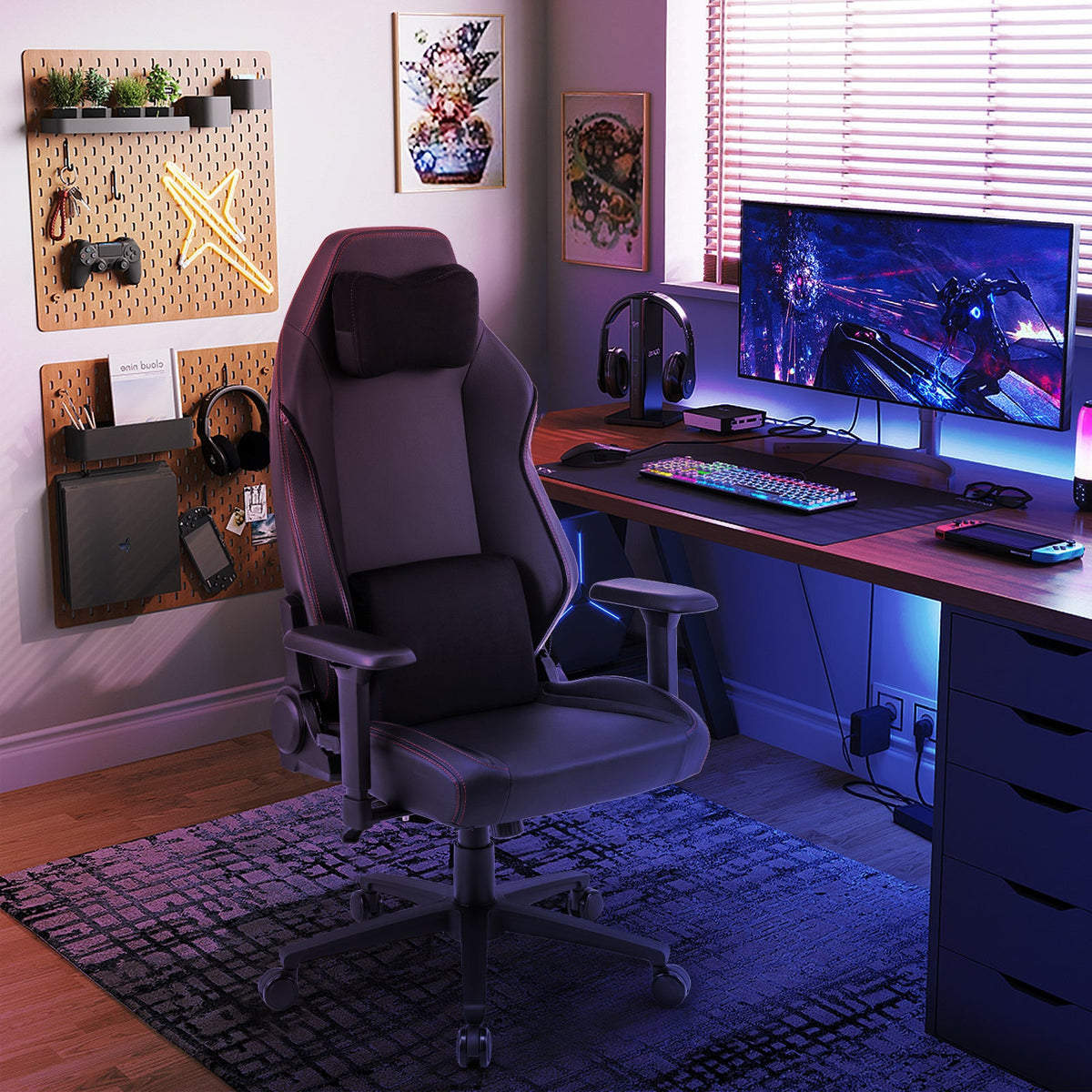 Ergonomic High Back Computer Chair with Magnetic Headrest and Lumbar Pillow-Black