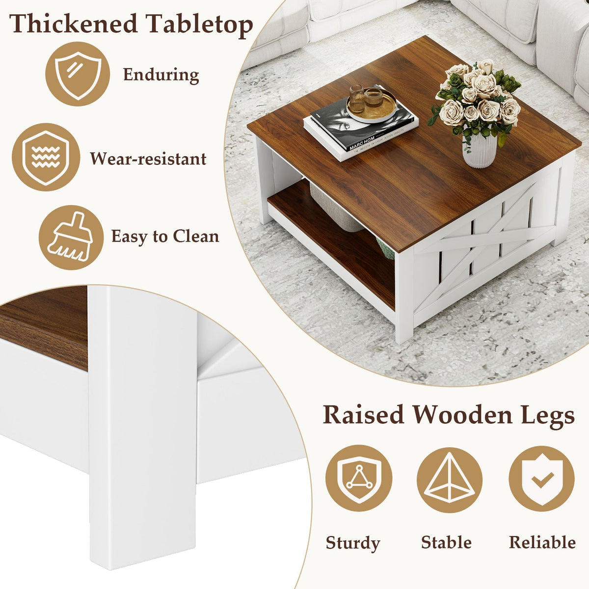 Farmhouse Coffee Table 31 Inch Square Coffee Table with Storage Shelf-White