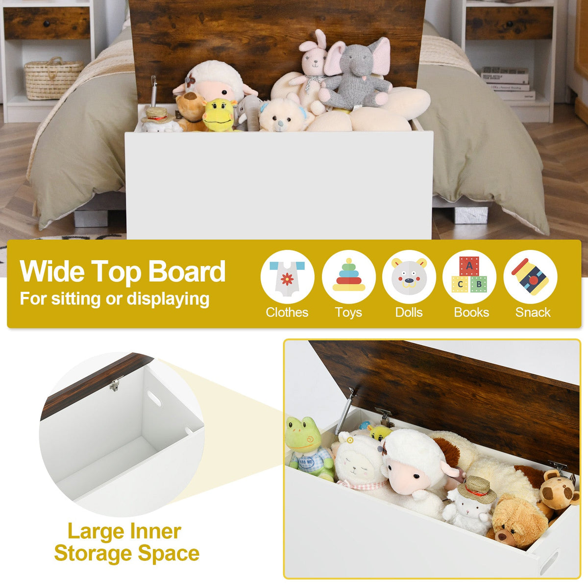 Flip-top Storage Chest with Self-hold Cover and Pneumatic Rod-White