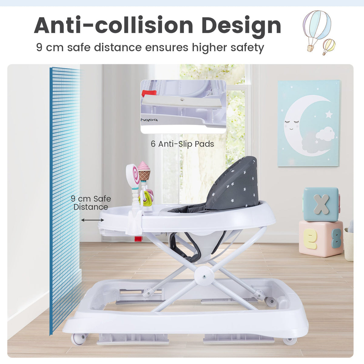 Foldable Baby Activity Walker with Adjustable Height and Detachable Seat Cushion