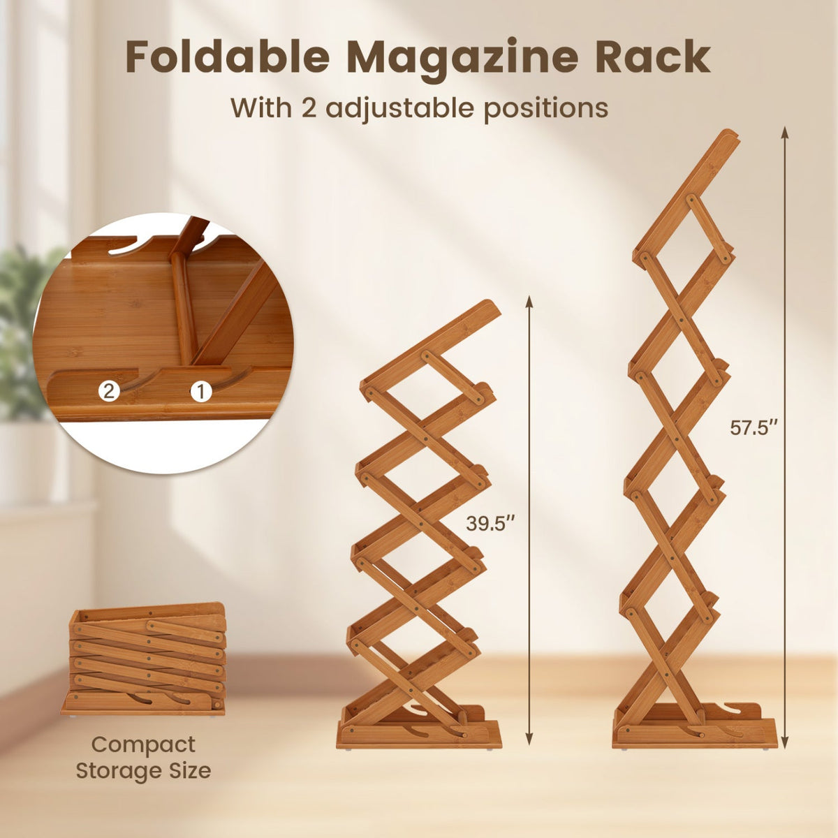 Foldable Bamboo Magazine Rack with 5 Tiers and 2 Positions DirectDeals