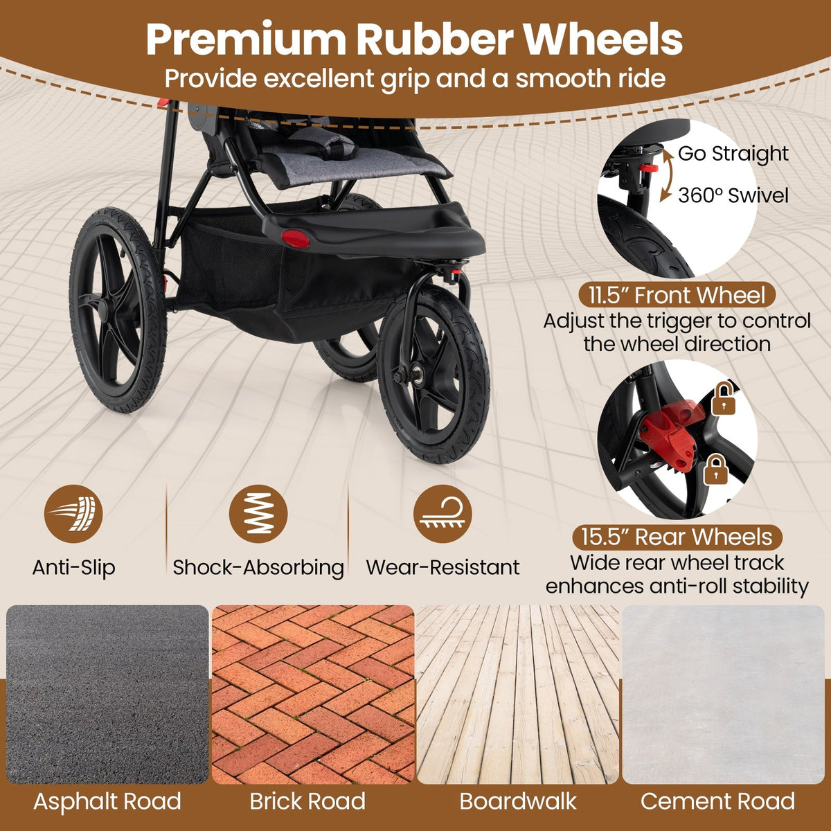 Foldable Jogging Stroller with Detachable Tray and Air-Filled Rubber Tires GBruno Store