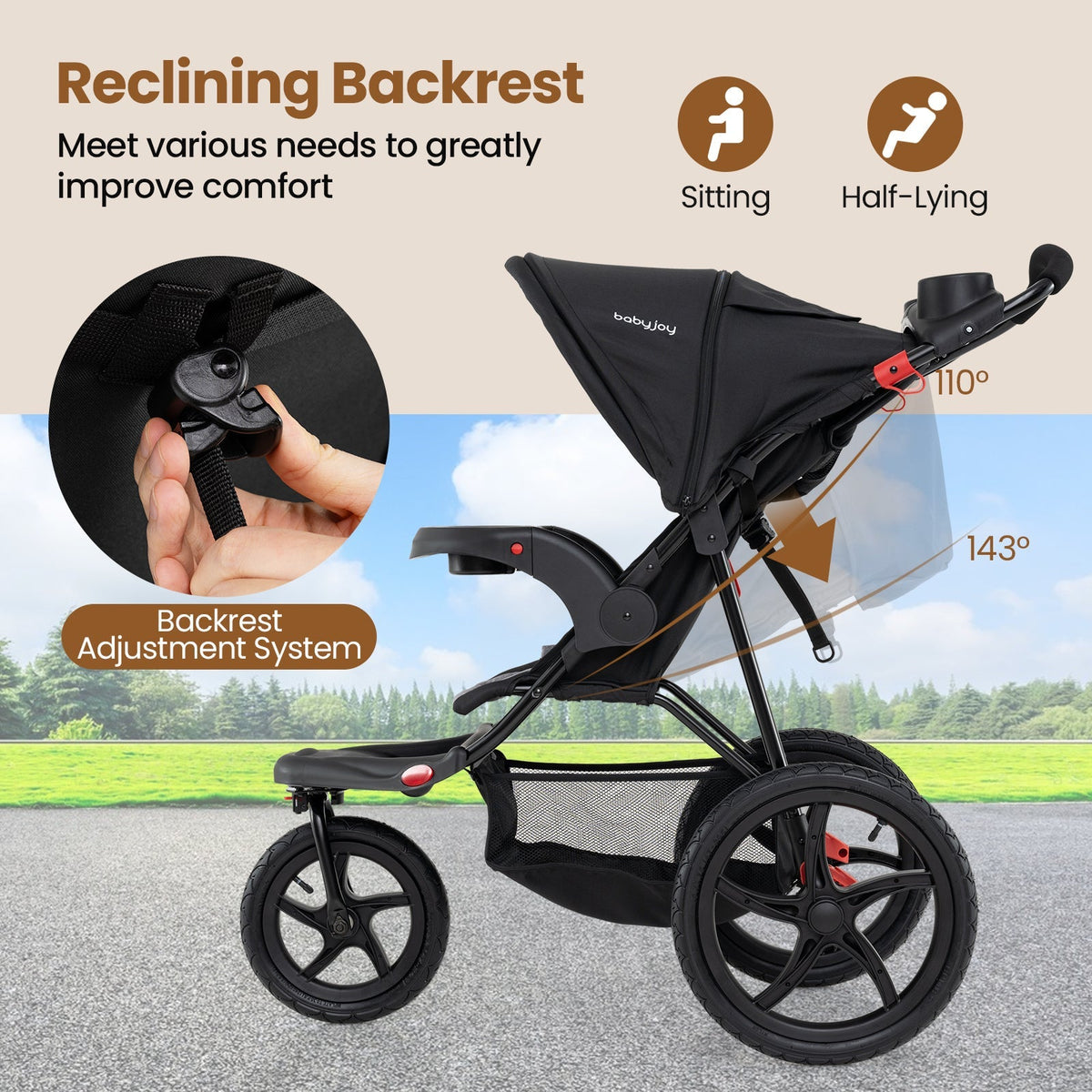 Foldable Jogging Stroller with Detachable Tray and Air-Filled Rubber Tires GBruno Store