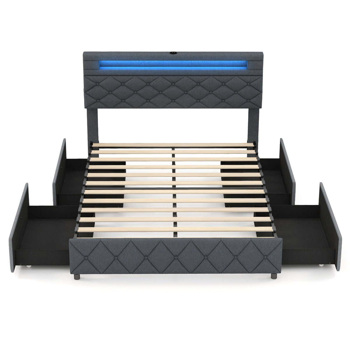 Full/Queen Size Bed Frame with Adjustable Storage Headboard and Wooden Slat Support