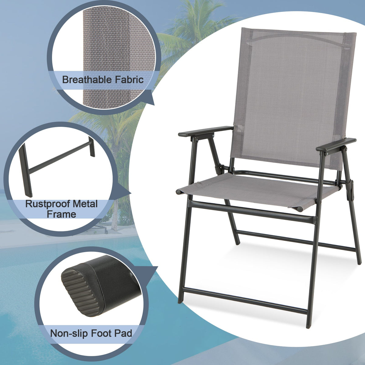 2 Pieces Patio Folding Chairs with Armrests for Deck Garden Yard