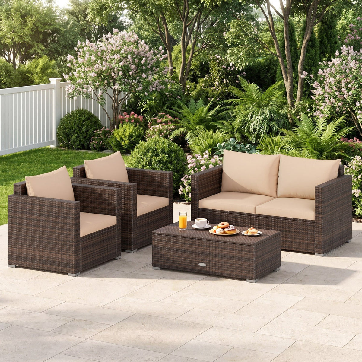 4 Pieces Patio Rattan Conversation Set with Cushions and Coffee Table-Black DirectDeals