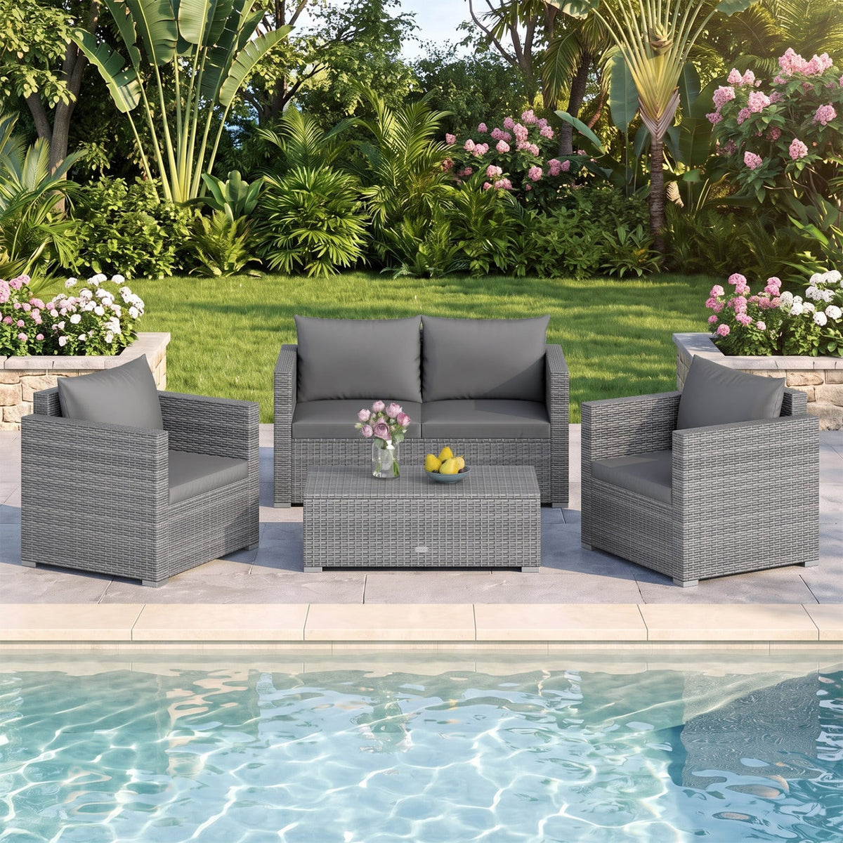 4 Pieces Patio Rattan Conversation Set with Cushions and Coffee Table-Black DirectDeals