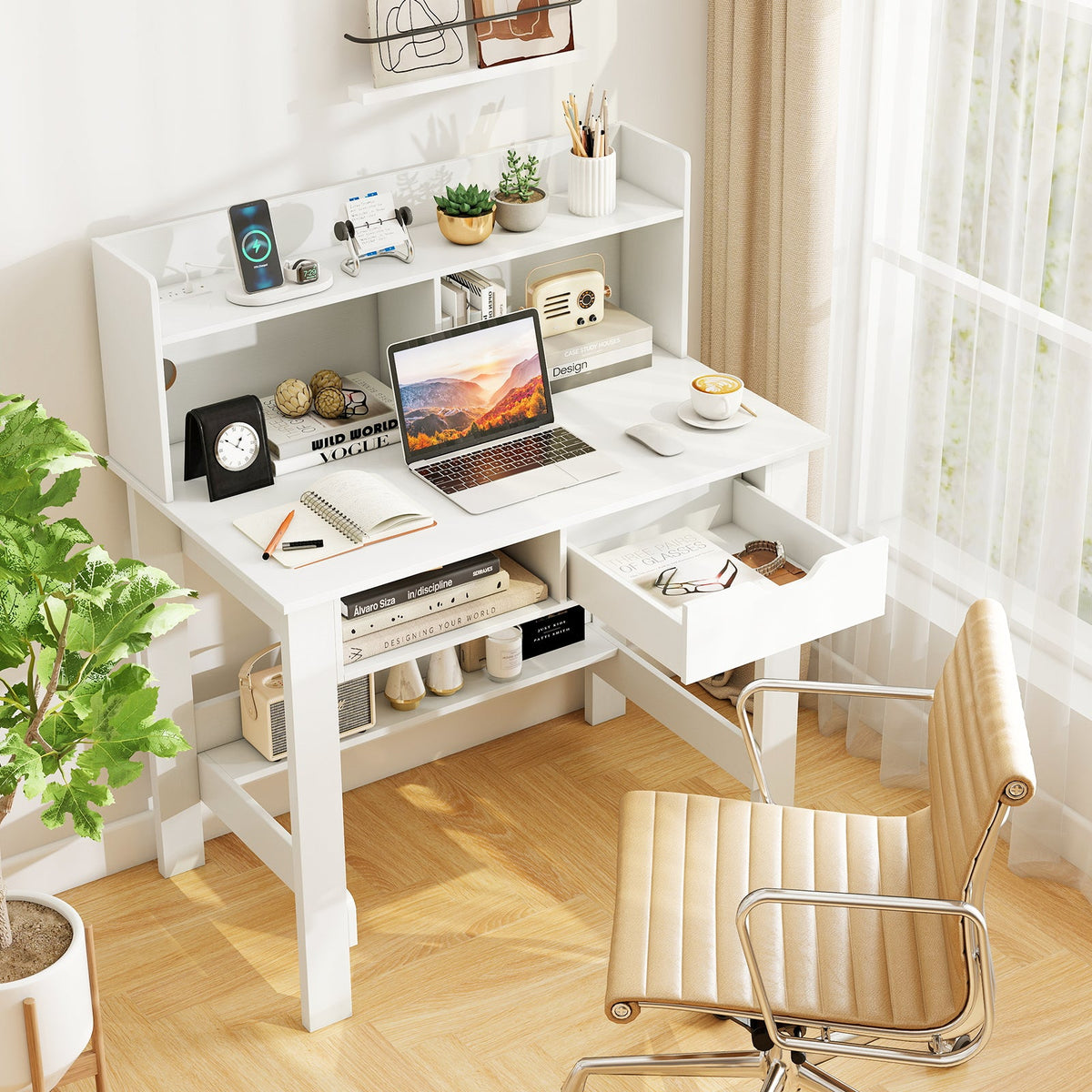 Home Office Computer Desk with Storage Shelves and Drawer Ideal for Working and Studying