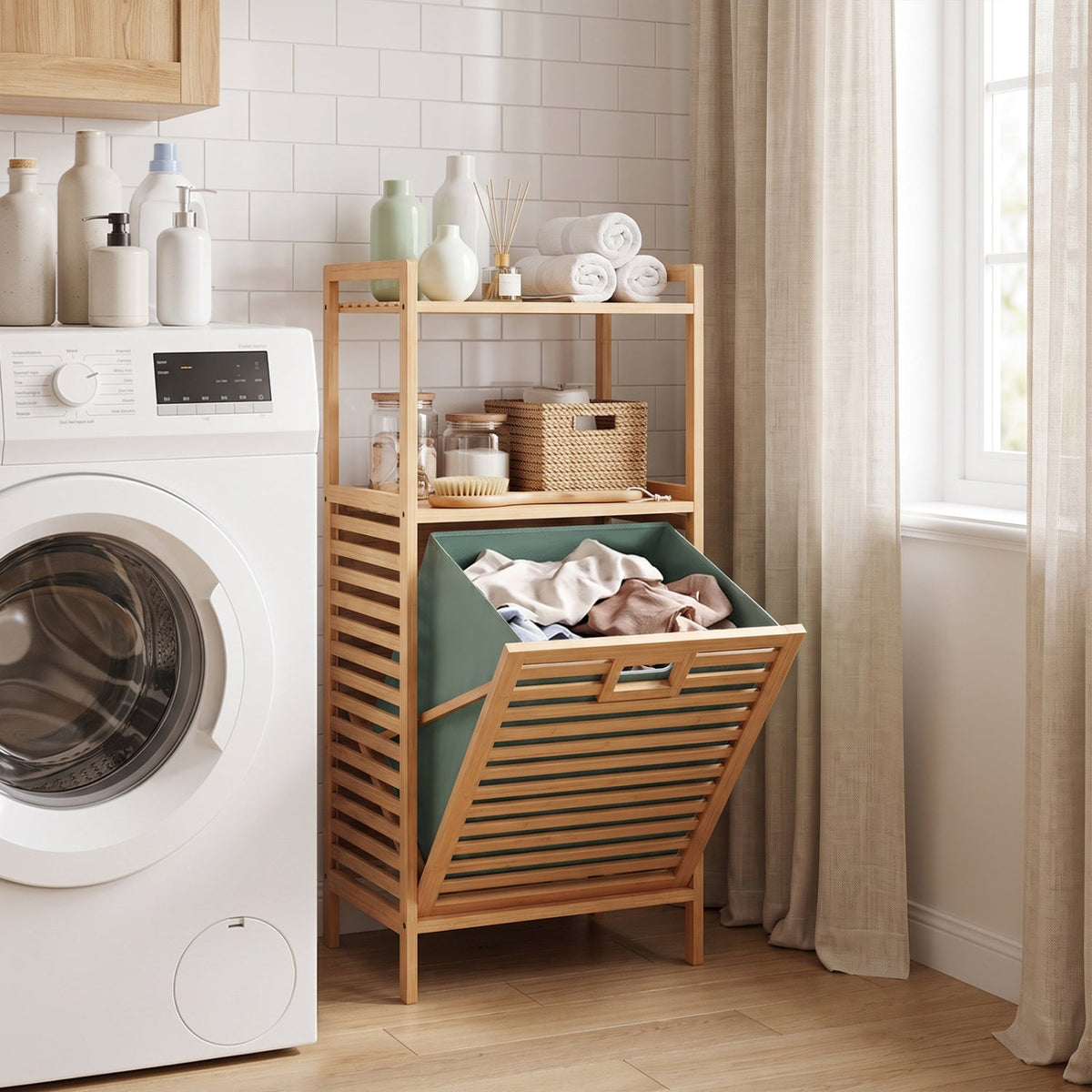 Bamboo Tilt out Laundry Hamper with Foldable and Removable Basket-Natural DirectDeals