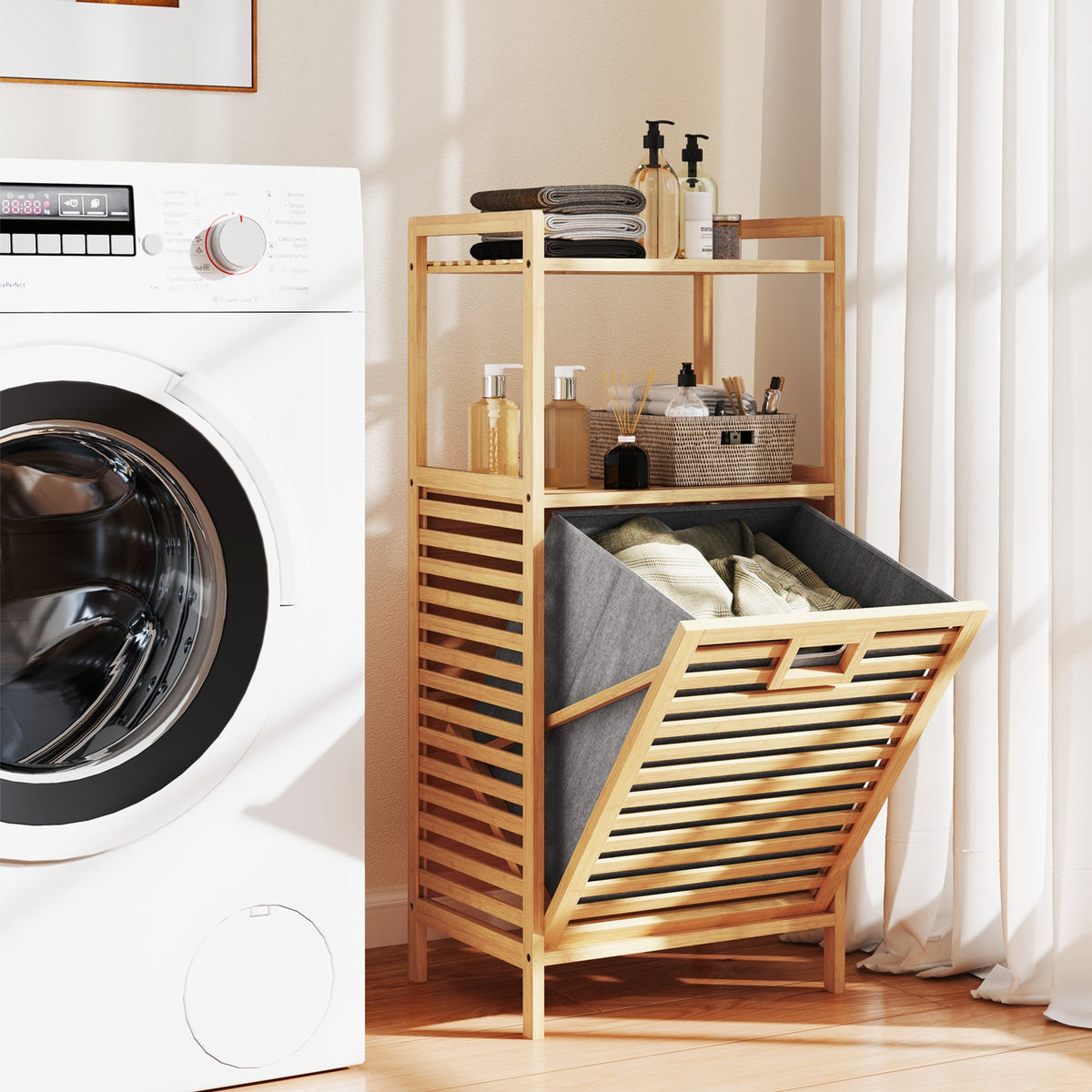 Bamboo Tilt out Laundry Hamper with Foldable and Removable Basket-Natural DirectDeals