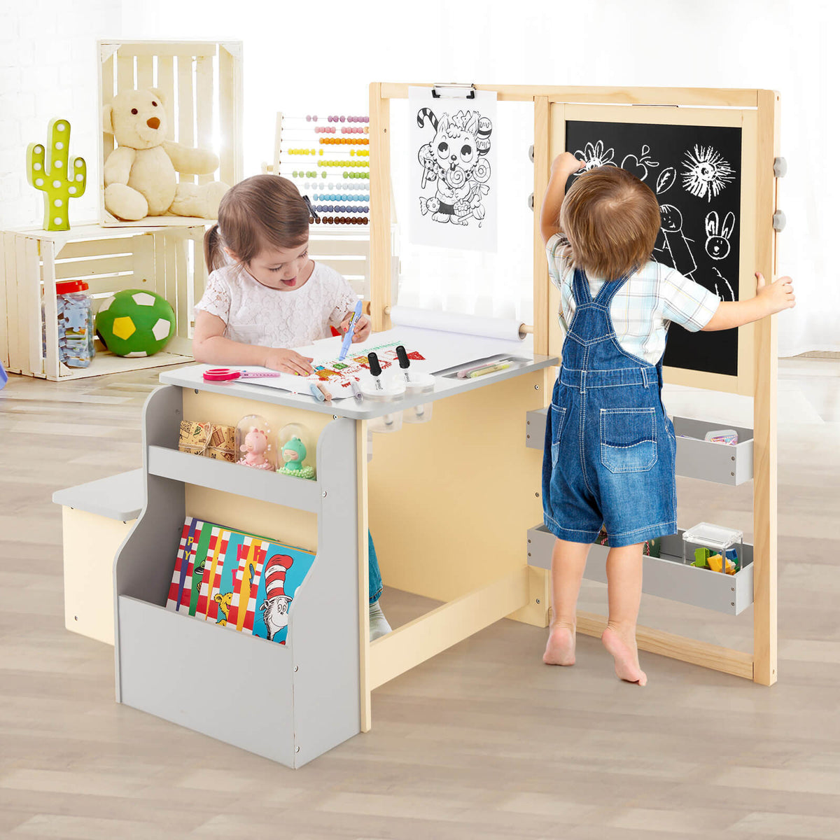 Kids Art Center Wooden Table Bench Set-Gray GBruno Store