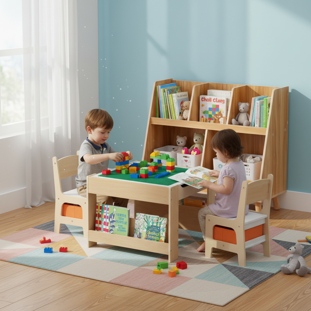 Kids Learning & Play Essentials Bundle - Bookshelf + 4-in-1 Activity Table Set + 360¬∞ Swivel Chair GBruno Store