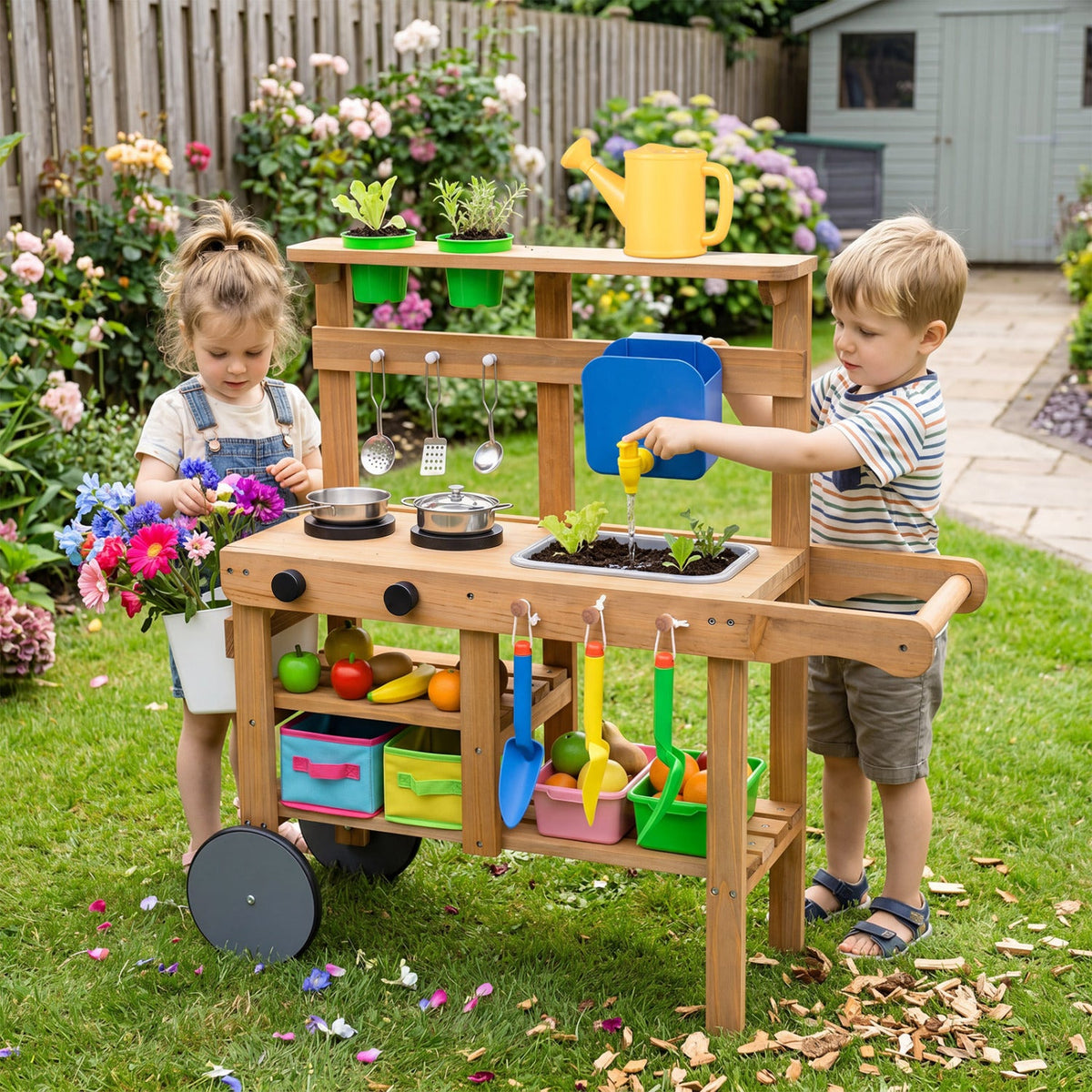 Kids Mud Kitchen with Water Tank, Sink & 15 Accessories DirectDeals