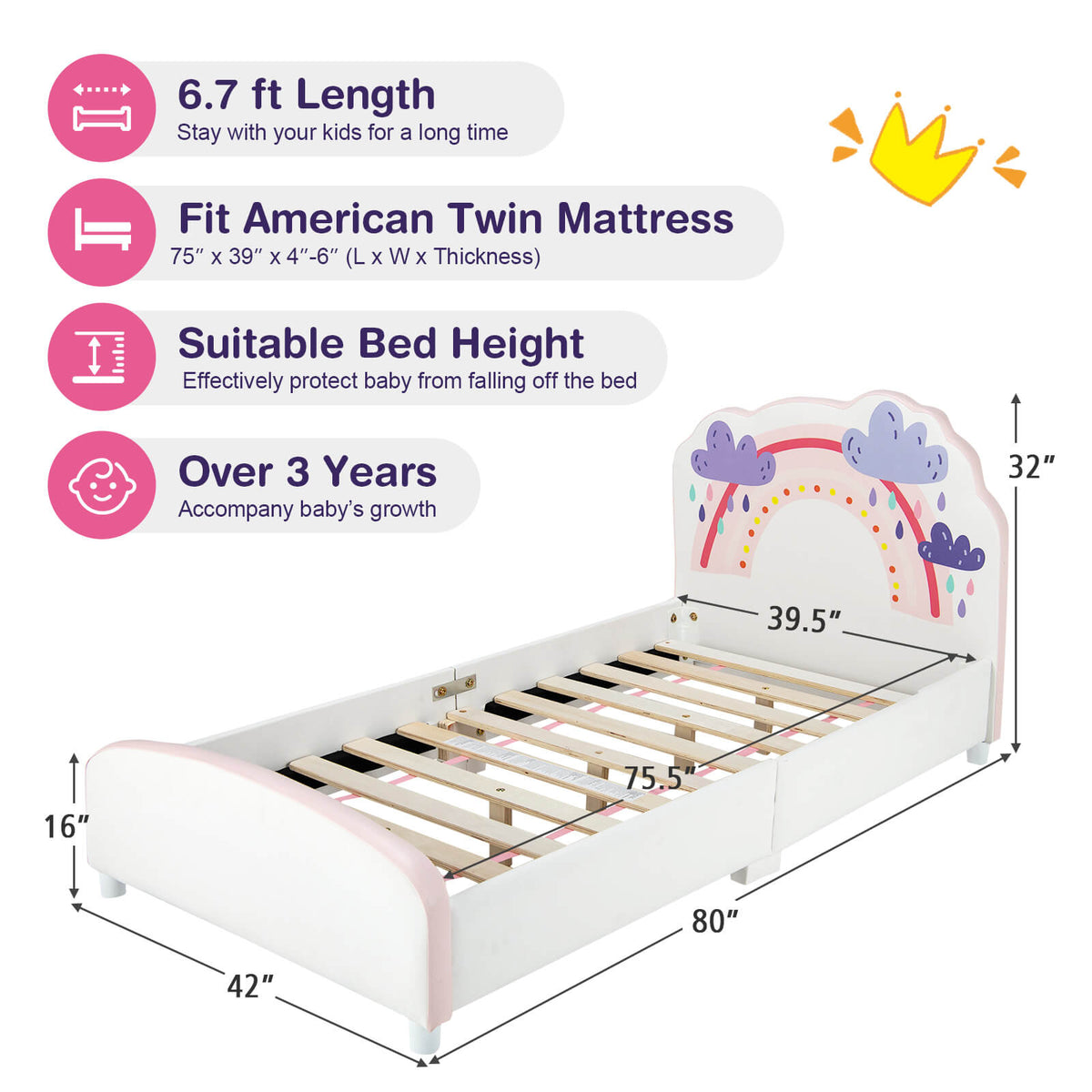 Kids Twin Size Upholstered Platform Wooden Bed with Rainbow Pattern GBruno Store