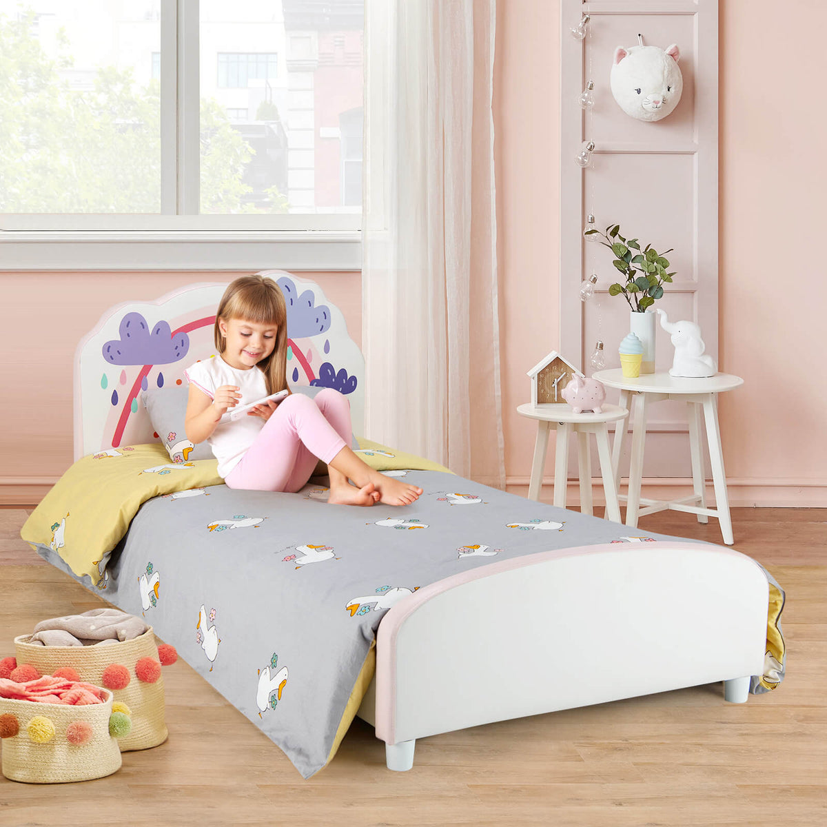 Kids Twin Size Upholstered Platform Wooden Bed with Rainbow Pattern GBruno Store