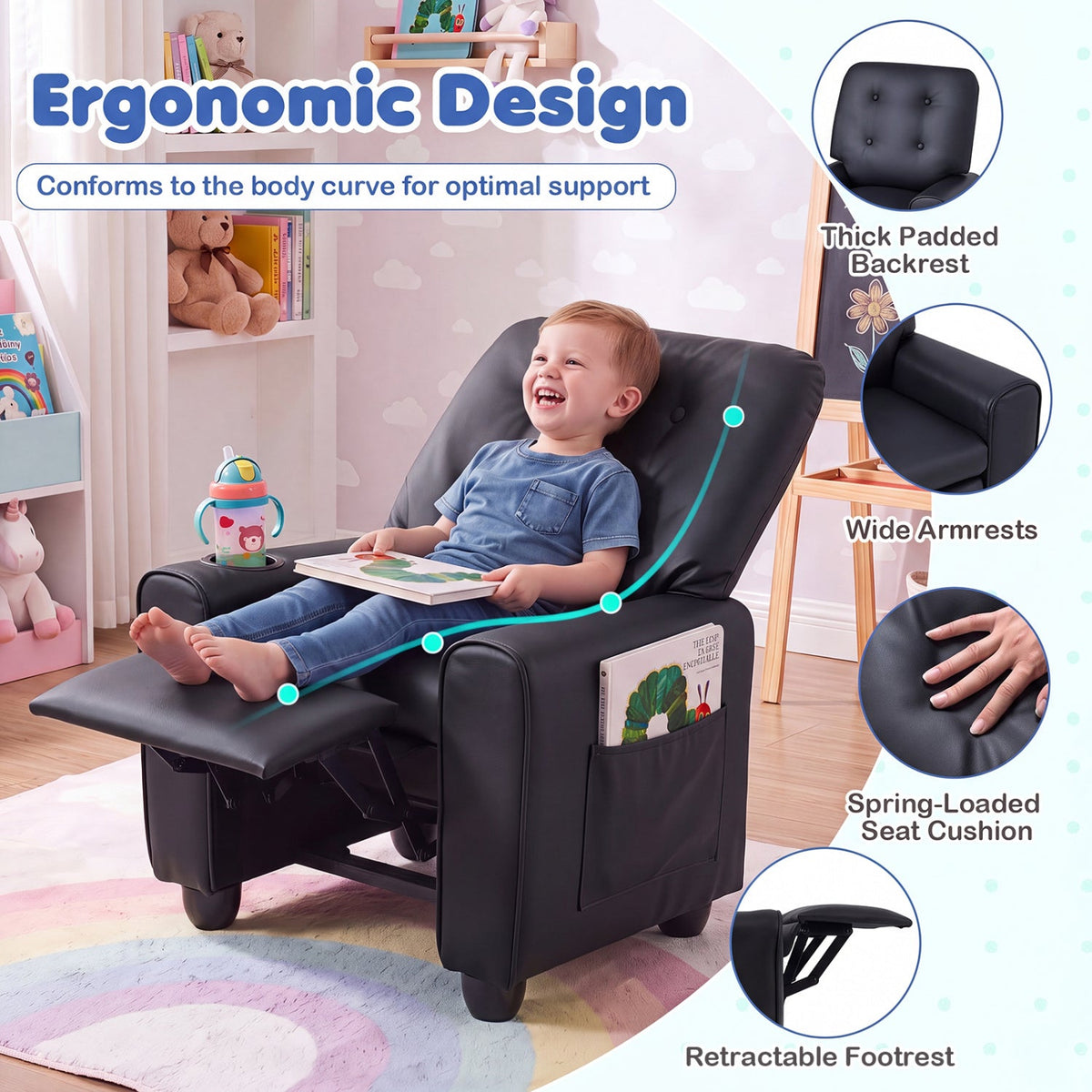 Kids Recliner Chair with Cup Holder & Adjustable Backrest DirectDeals
