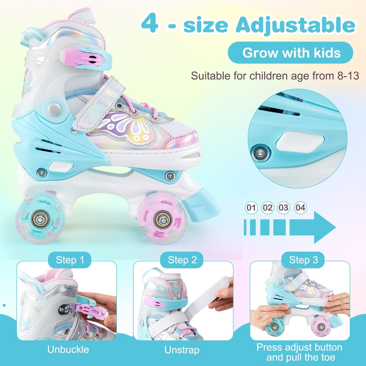 Kids Roller Skates 4 Sizes Adjustable Quad Skates with Light-up Wheels GBruno Store