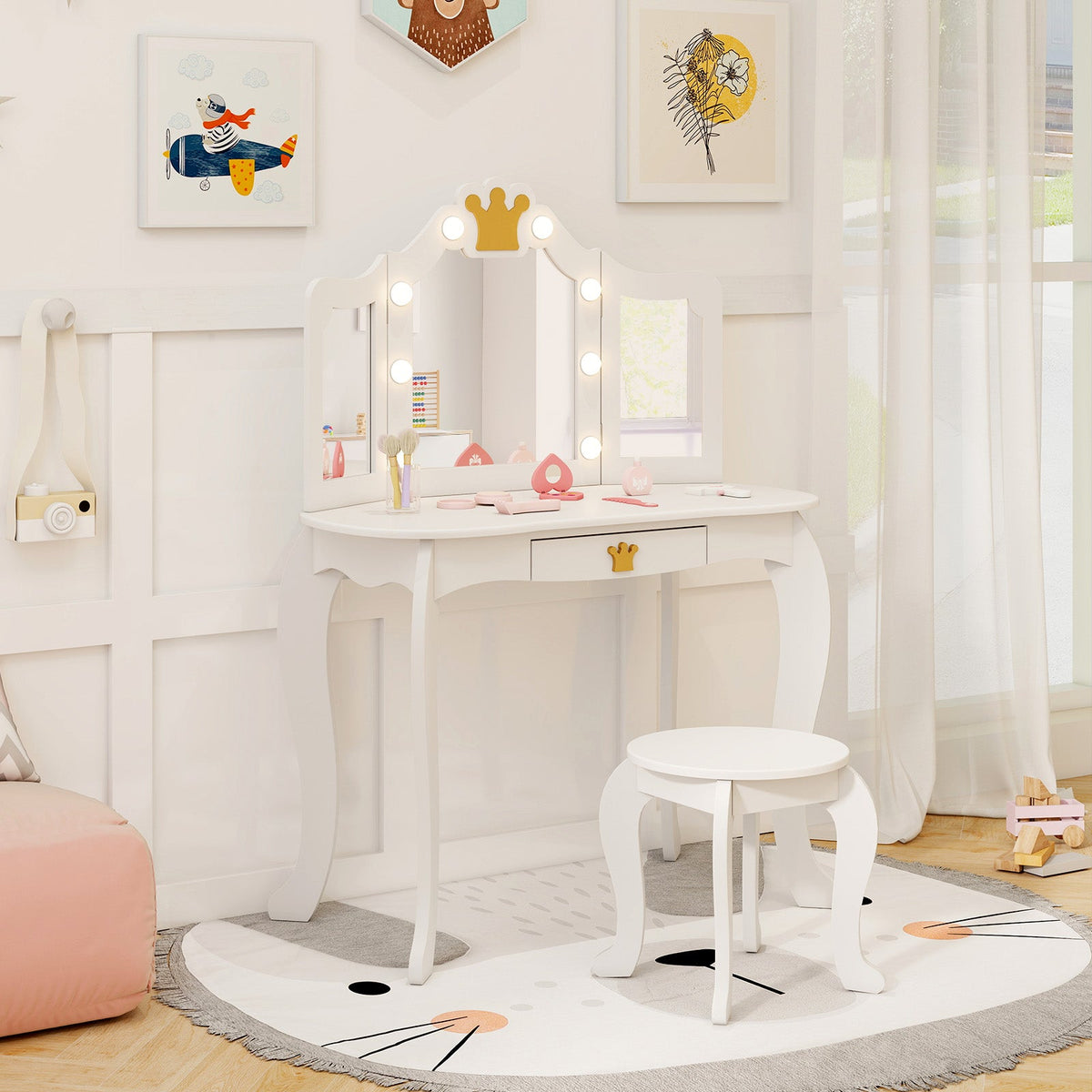 Kids Vanity Set with Tri-fold Lighted Mirror Detachable Top and Stool