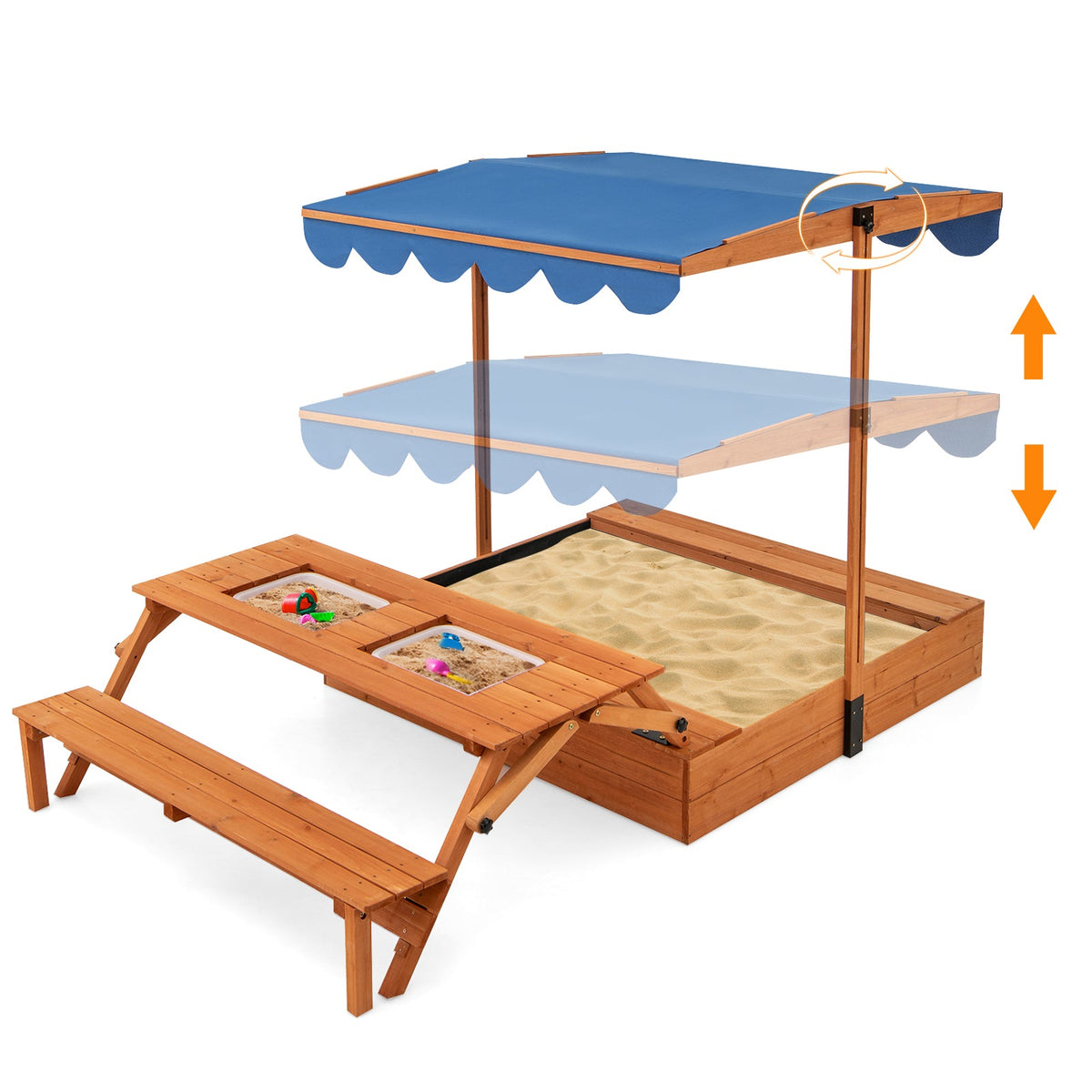 Kids Wooden Sand Box with Foldable Picnic Sensory Table and Bench-Natural