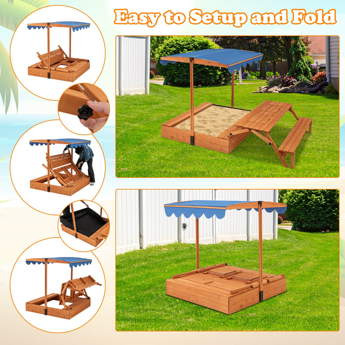Kids Wooden Sand Box with Foldable Picnic Sensory Table and Bench-Natural