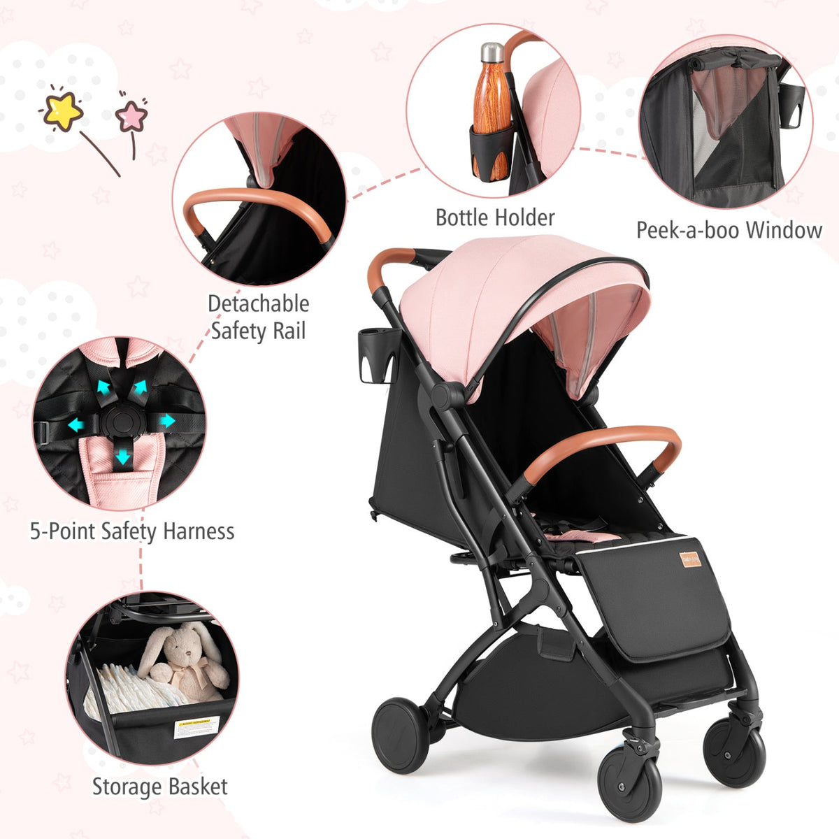 Lightweight Baby Stroller Compact Travel Stroller with One-Hand Folding