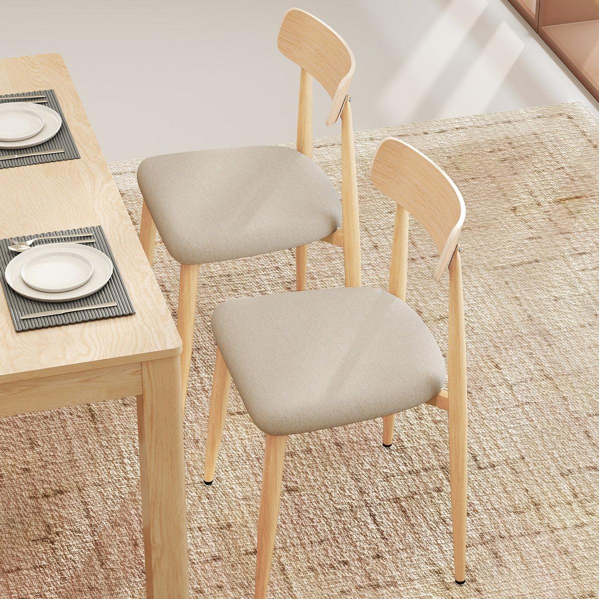 Linen Fabric Upholstered Modern Dining Chair Set of 2 with Padded Seat and Curved Back-Oak