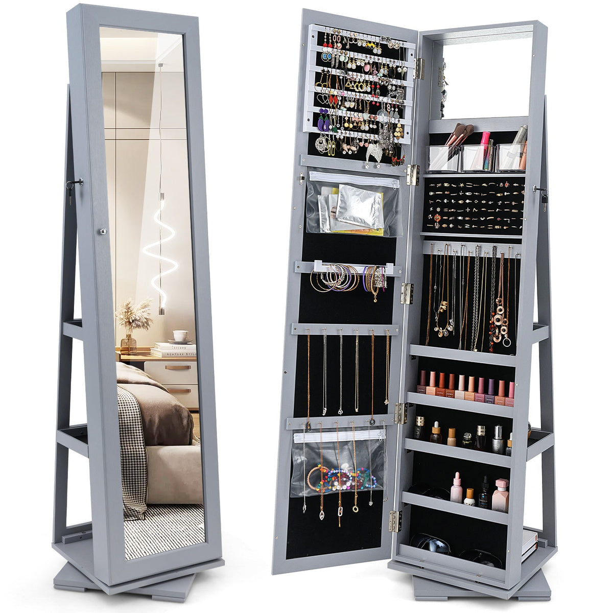 360° Rotatable 2-in-1 Lockable Jewelry Cabinet with Full-Length Mirror