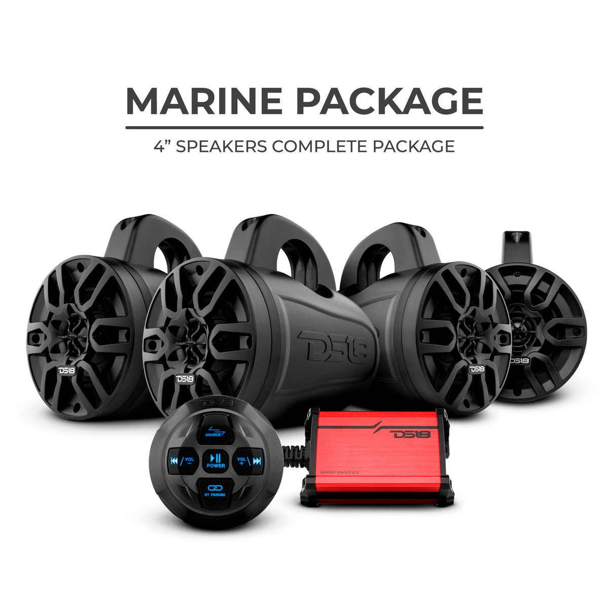 MP 4 x 4" Wakeboard Tower Speakers Package Amplifier And Bluetooth Audio Receiver 100 Watts Rms DS18