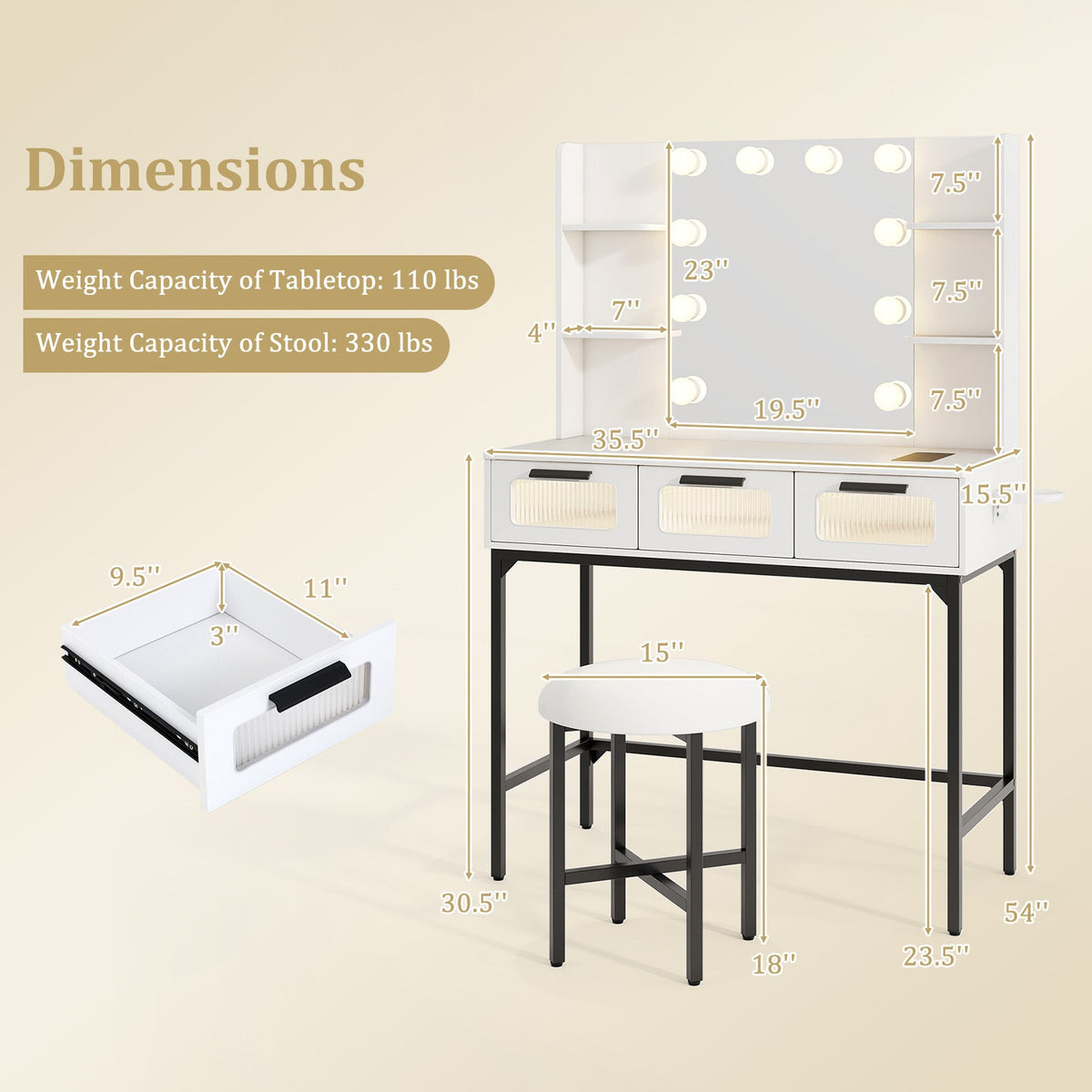 Bedroom Makeup Vanity Desk with Hollywood Mirror and Lights-White