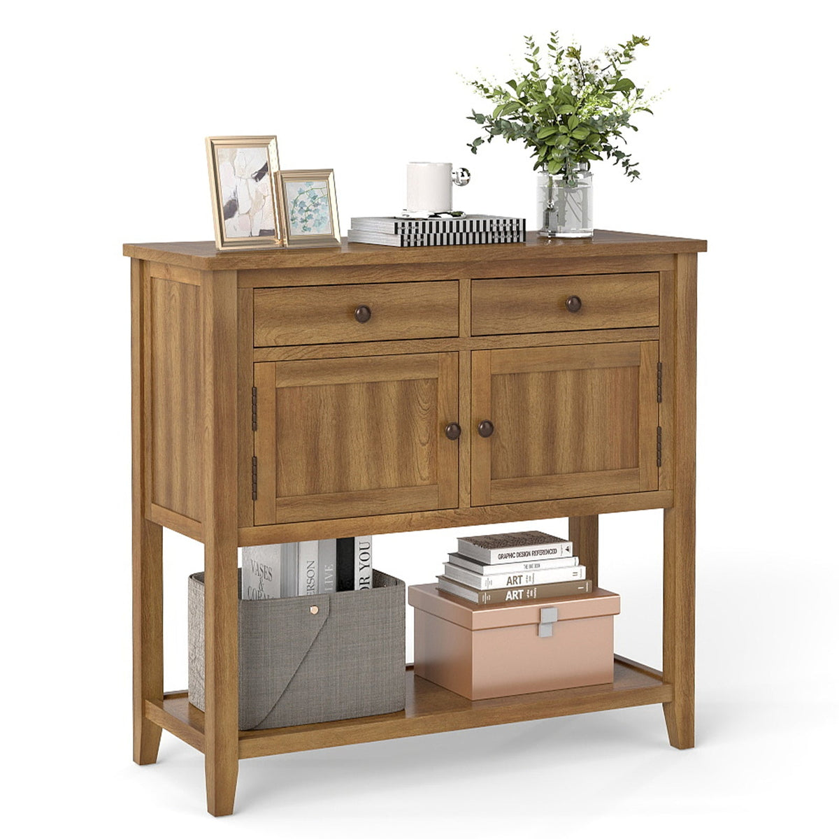 Mid-Century Console Table Wood Coffee Bar Buffet Sideboard with 2 Drawers-Walnut