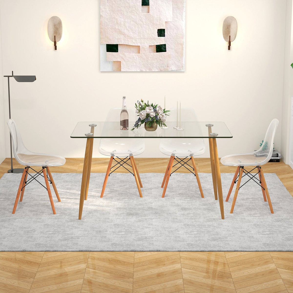 5 Pieces Rectangle Dining Table Set with 51 Inch Glass Tabletop