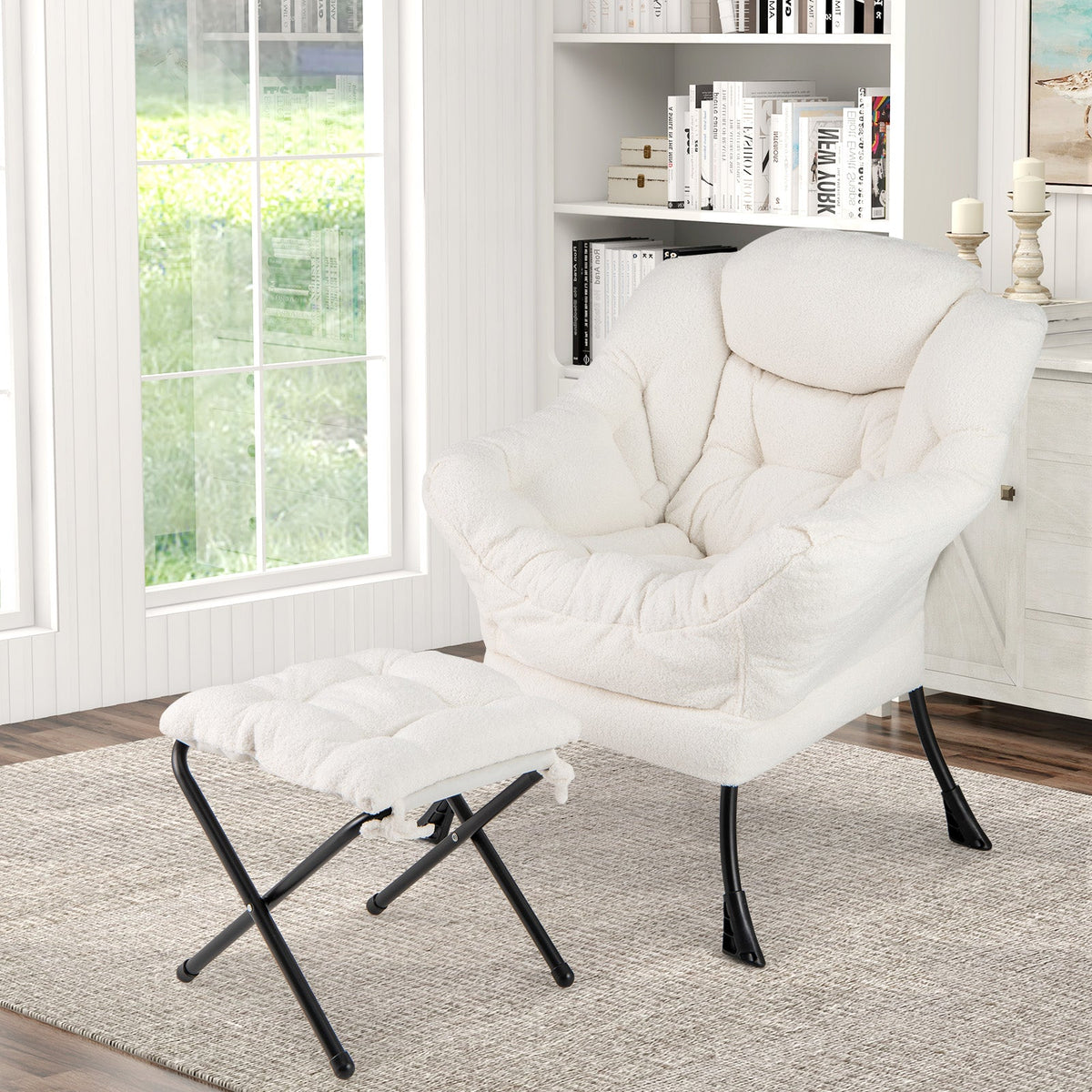 Modern Accent Chair with Folding Footrest and Head Pillow
