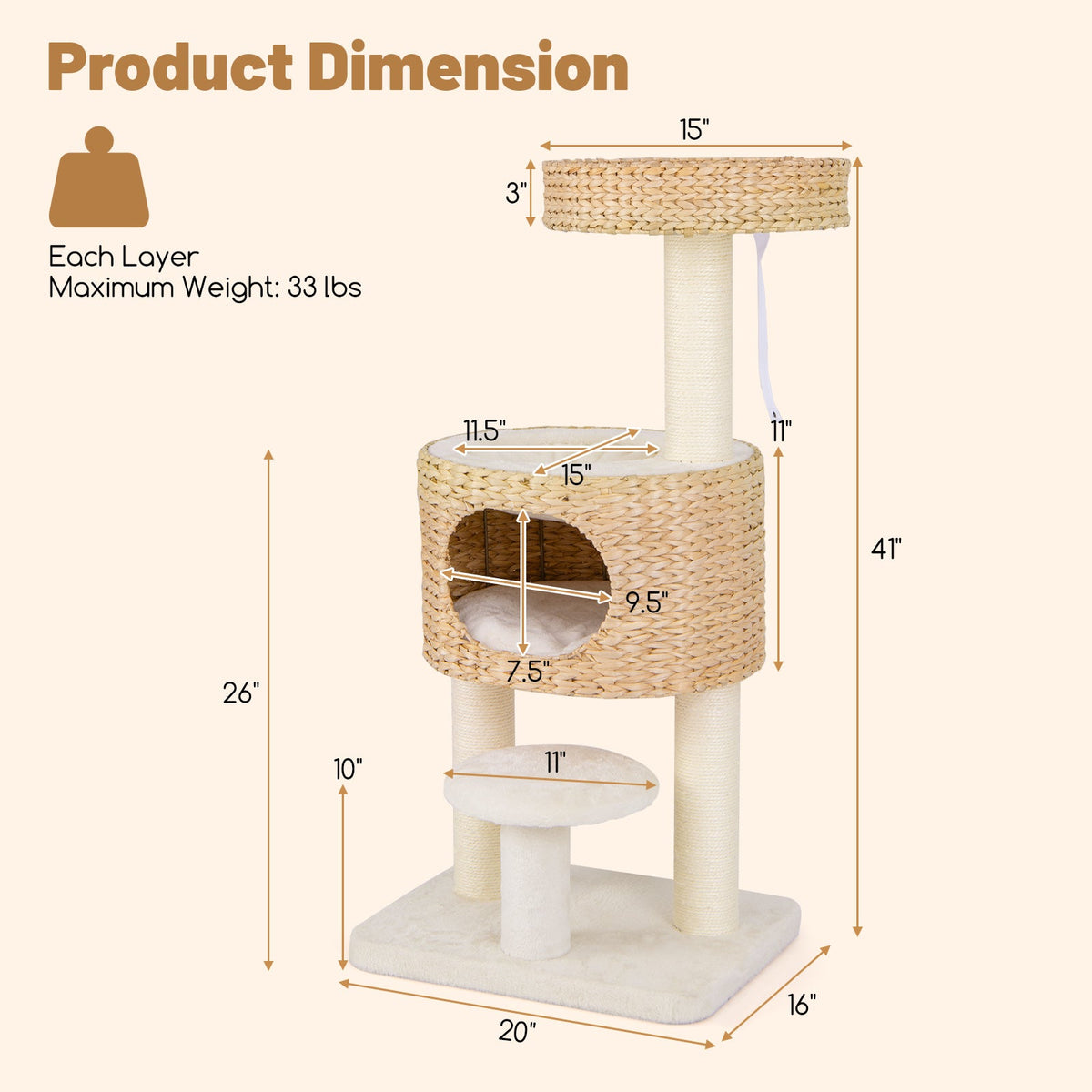 Modern Cat Tower Cat Tree with Top Perch Cattail Fluff Condo-Natural