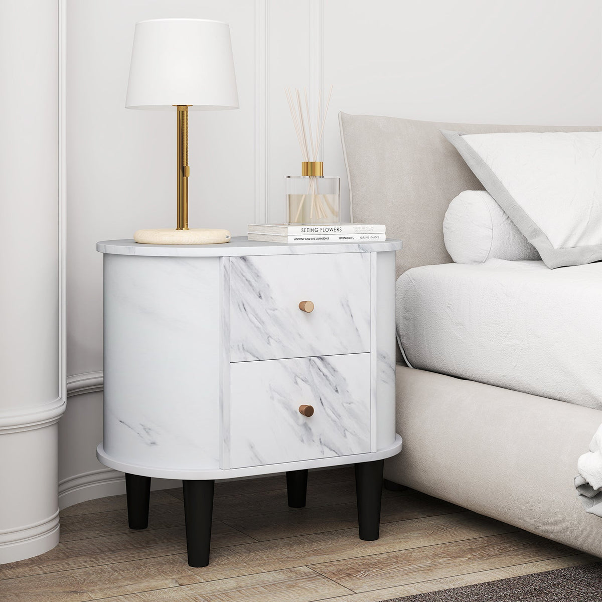2-Drawer Nightstand Modern Faux Marble Bedside Table with Storage-White