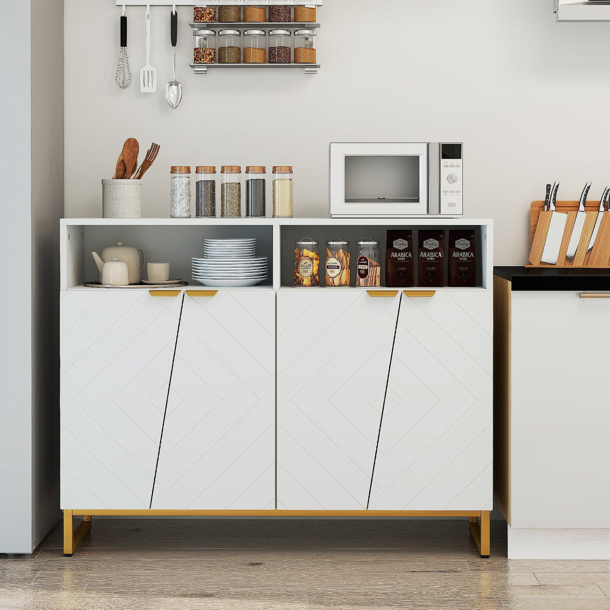 Modern Sideboard Cabinet with 4 Doors and Adjustable Shelves-White