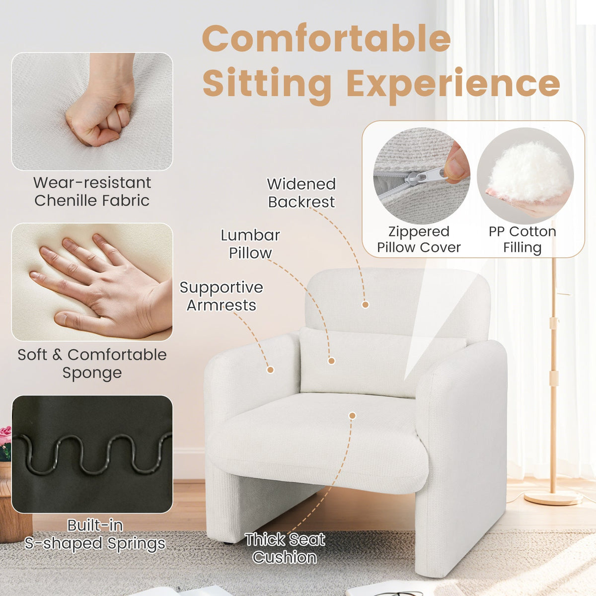 Modern Upholstered Chenille Accent Chair with Removable Lumbar Pillow-White