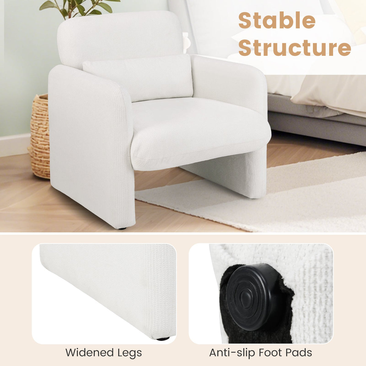 Modern Upholstered Chenille Accent Chair with Removable Lumbar Pillow-White