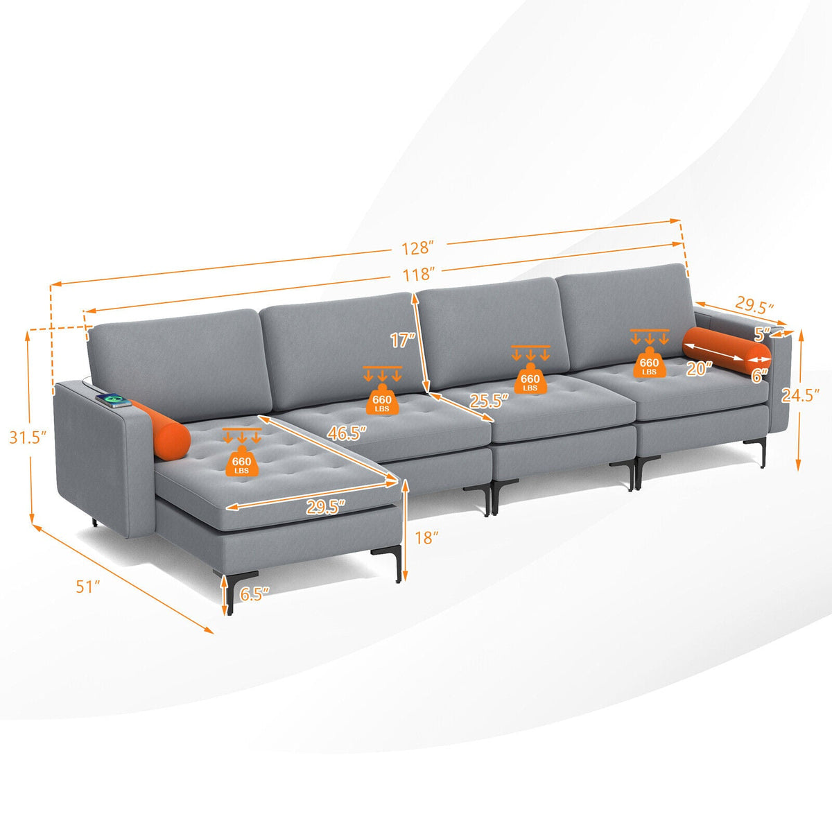 Modular L-shaped 4-Seat Sectional Sofa with Reversible Chaise and 2 USB Socket