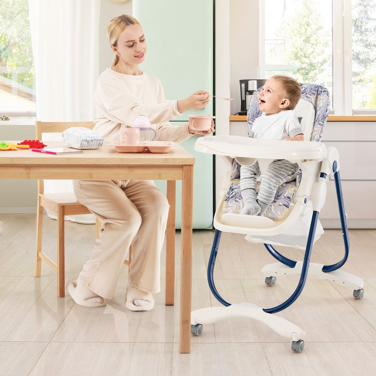 Multifunctional Folding Baby High Chair with Rolling Wheels and Adjustable Height GBruno Store
