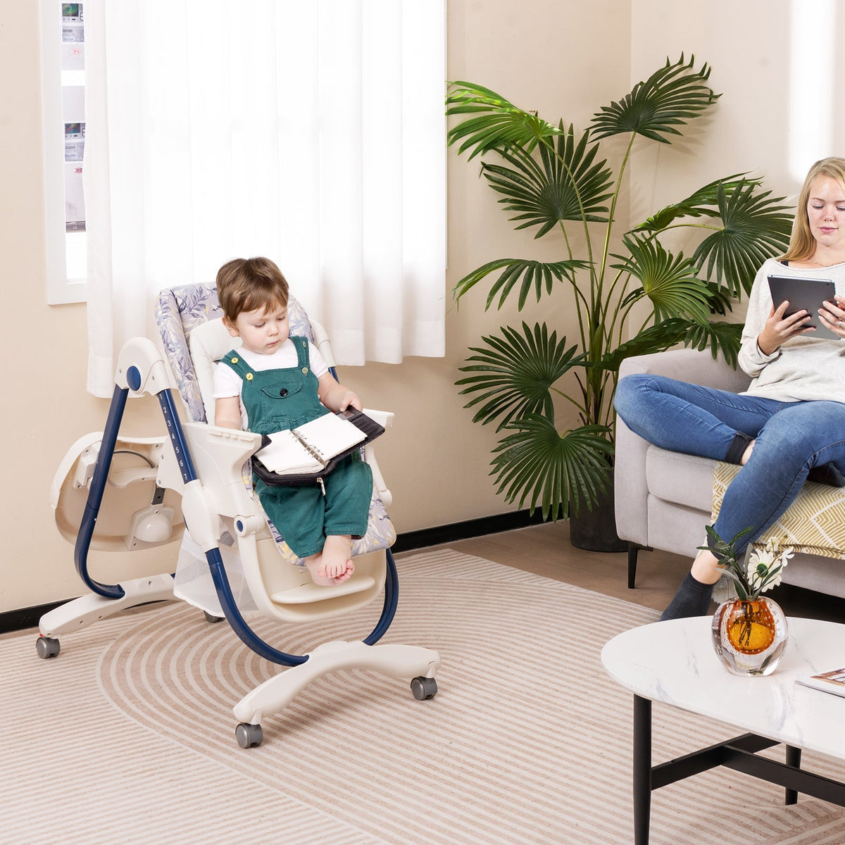 Multifunctional Folding Baby High Chair with Rolling Wheels and Adjustable Height GBruno Store