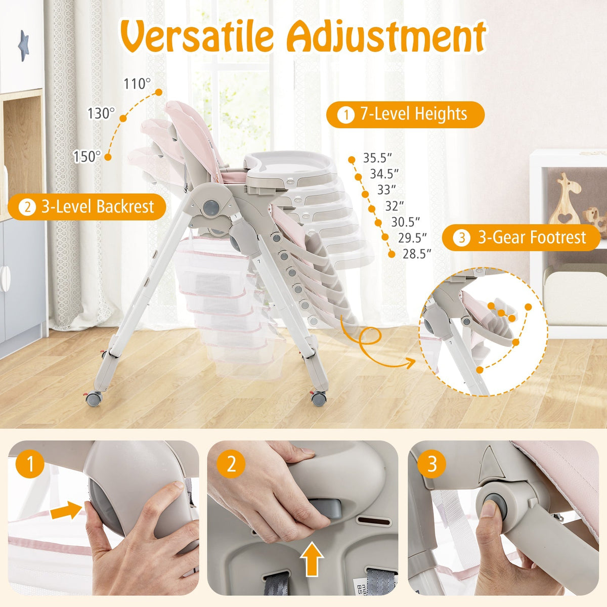 Multifunctional Folding Baby High Chair with Rolling Wheels and Adjustable Height GBruno Store