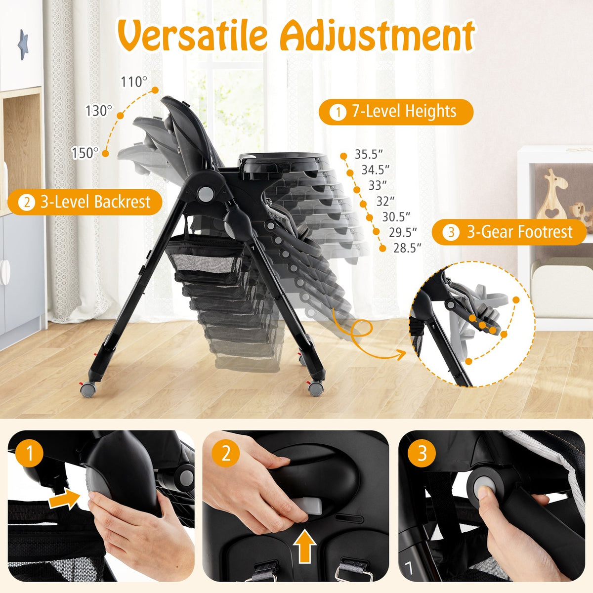Multifunctional Folding Baby High Chair with Rolling Wheels and Adjustable Height GBruno Store