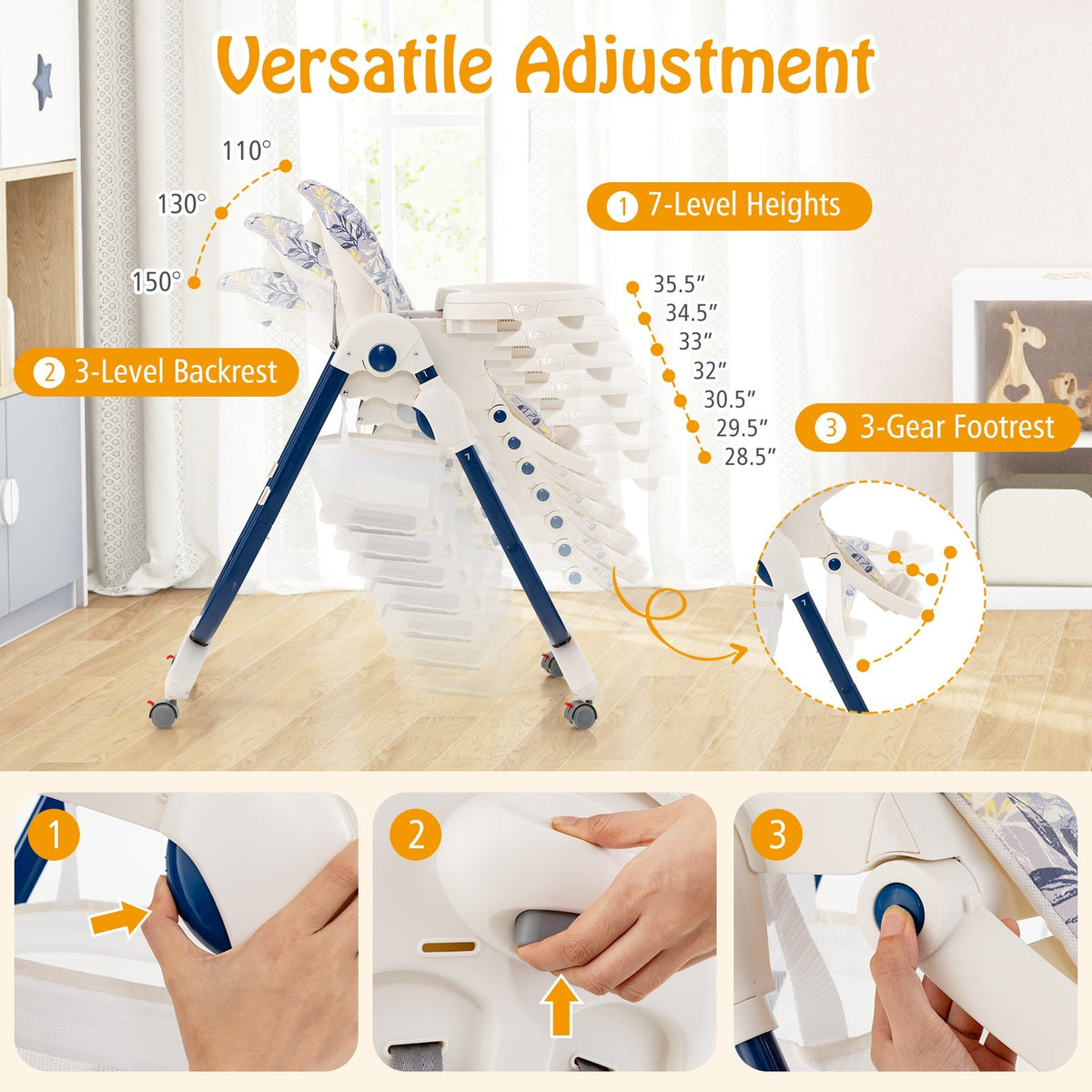 Multifunctional Folding Baby High Chair with Rolling Wheels and Adjustable Height GBruno Store