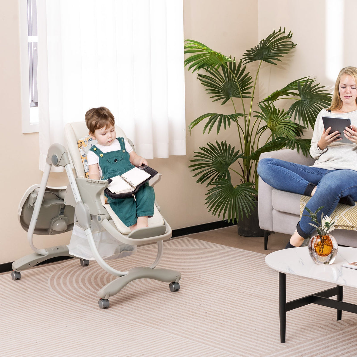 Multifunctional Folding Baby High Chair with Rolling Wheels and Adjustable Height GBruno Store