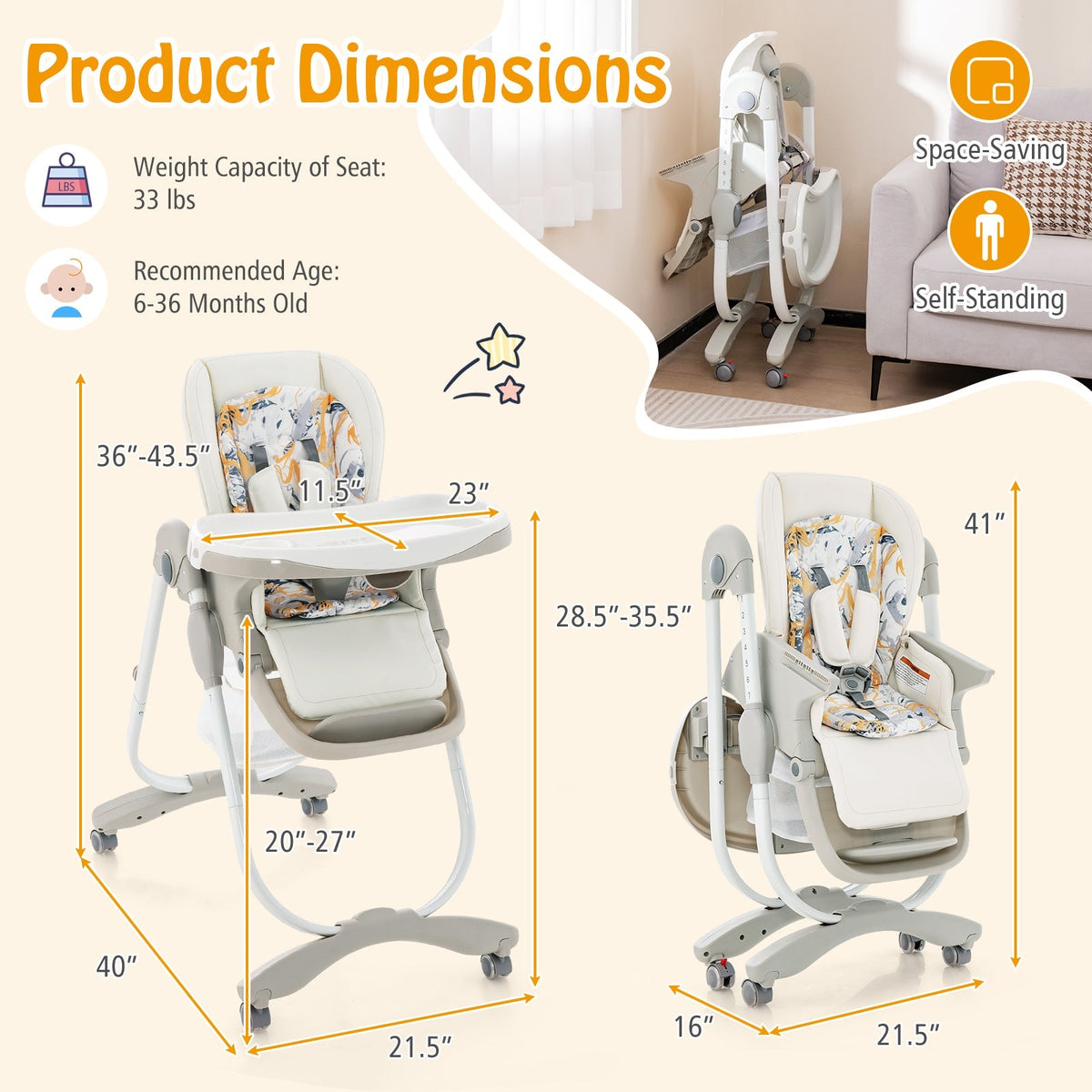 Multifunctional Folding Baby High Chair with Rolling Wheels and Adjustable Height GBruno Store